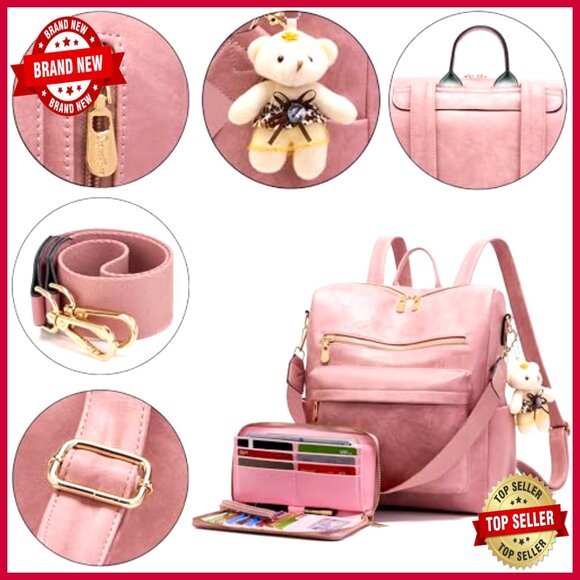 Large Vegan Leather Backpack Purse Set with Wallet, Adjustable Straps, 9 main image 5